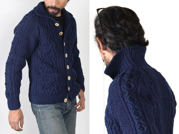 デニムヤーンカーディガン ハンドニット ケーブル編み インバーアラン