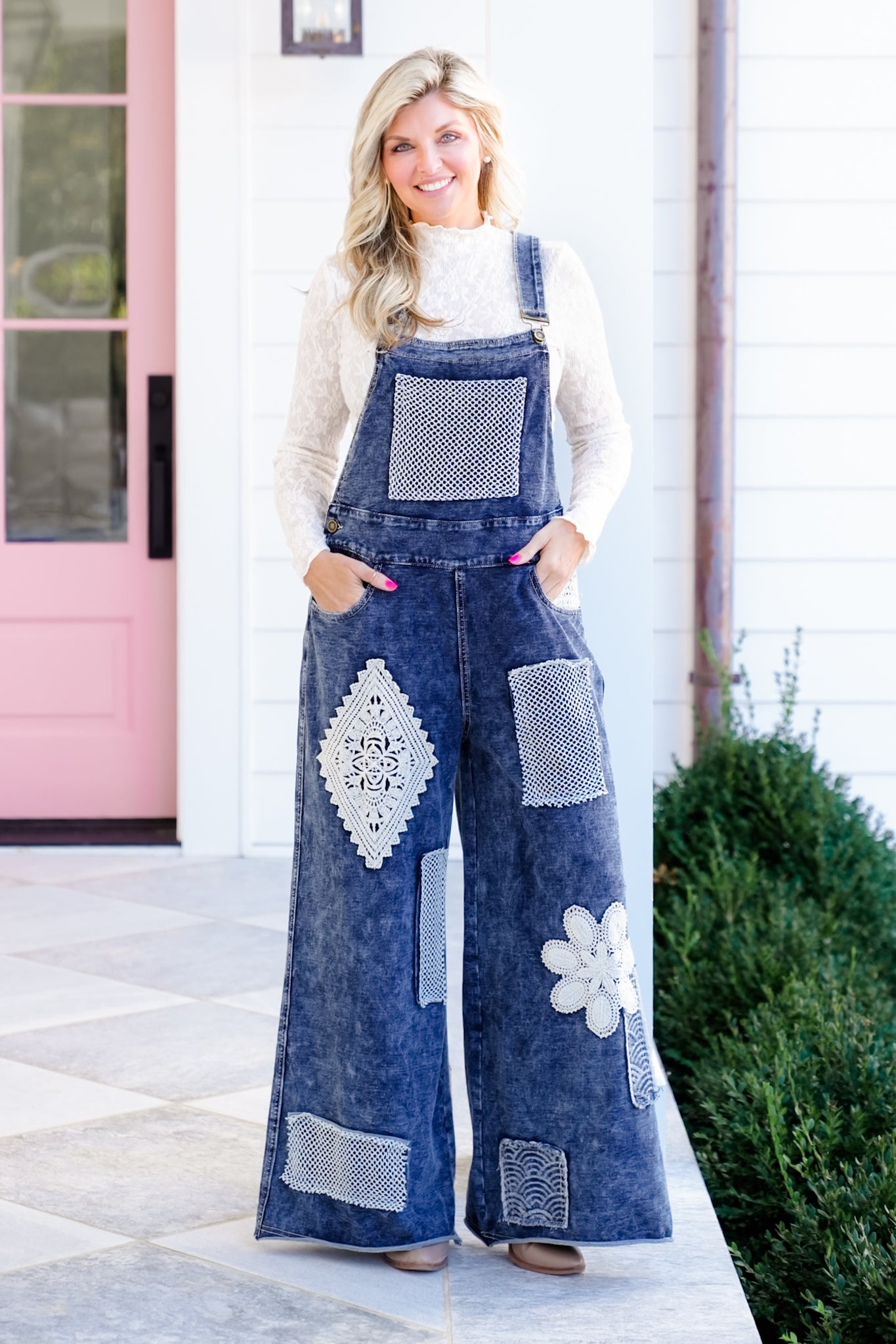 POL Dark Wash Wide Leg Overalls with Crochet Patches – Freckled Poppy