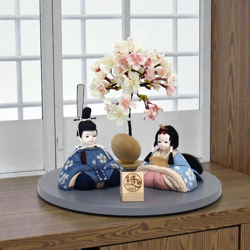 雛人形セット 藍染 | 桜柄 | 丸型グレー台 | 工房 縫nui