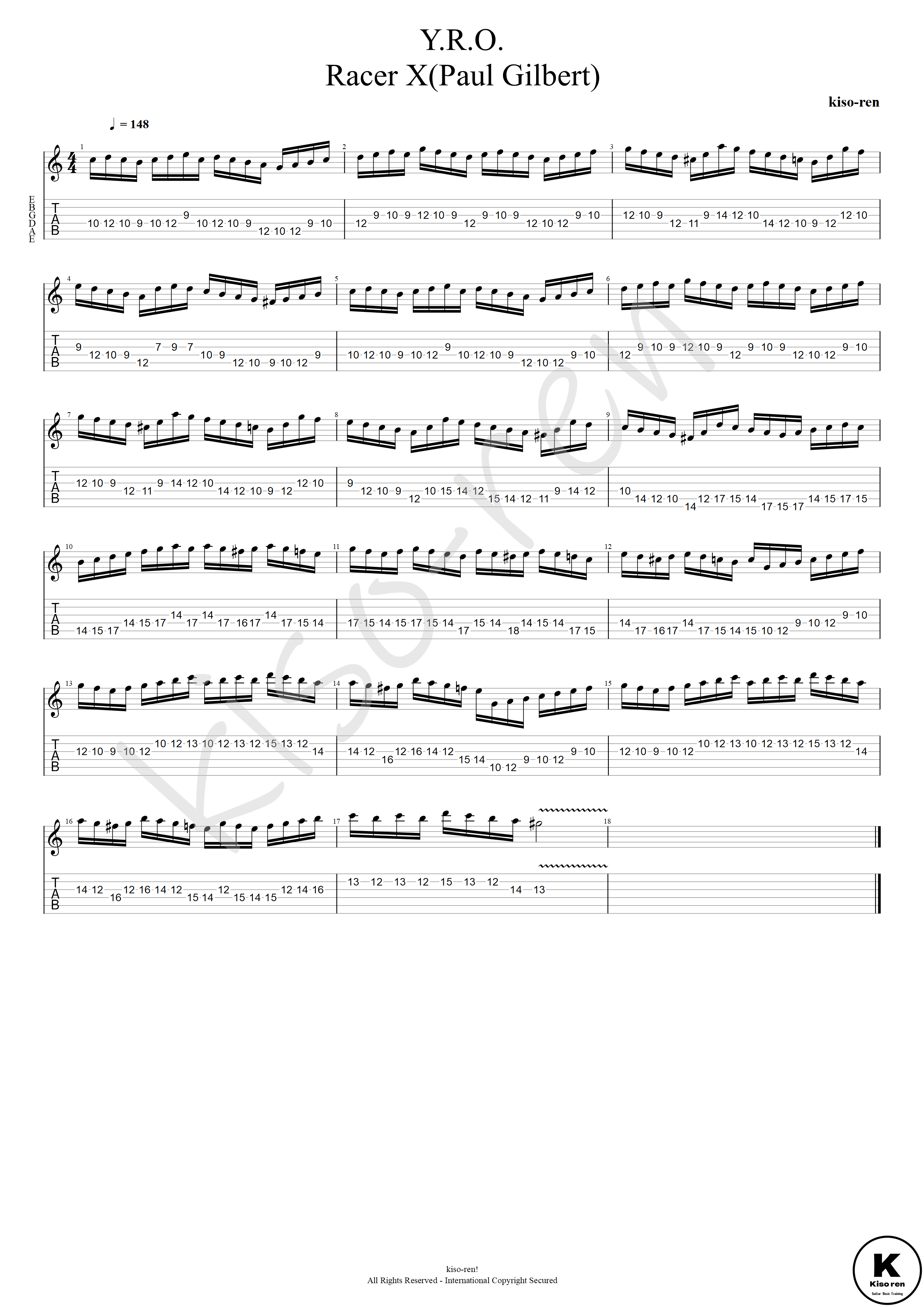 Y.R.O. TAB - Racer X(Paul Gilbert) Guitar solo ポール・ギルバート