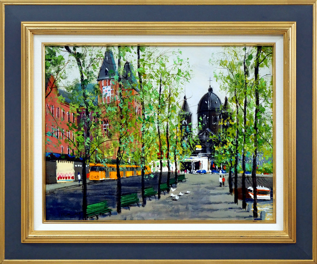 前島俊雄「運河沿いの並木（オランダ・アムステルダム）」油絵・F6号