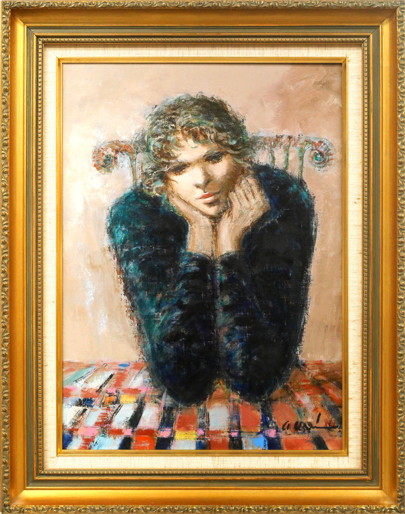 碓井正人「ほおづえをつく女」油絵・P8号 絵画買取・販売の小竹美術