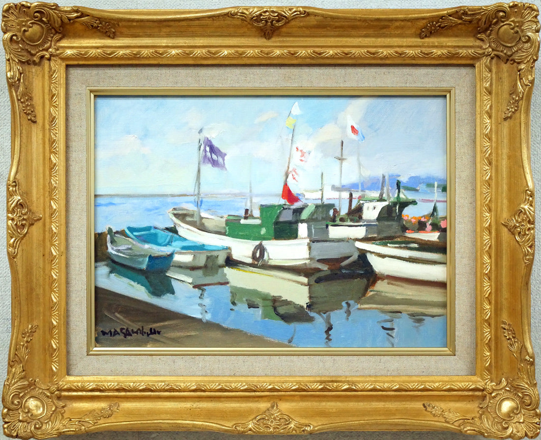 山岸正巳「岩内漁港」油絵・F4号 絵画買取・販売の小竹美術