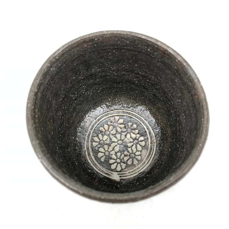 三島桶写 筒茶碗 祥雲窯 原清和造 茶道具 茶碗 茶 ブラウン 花模様