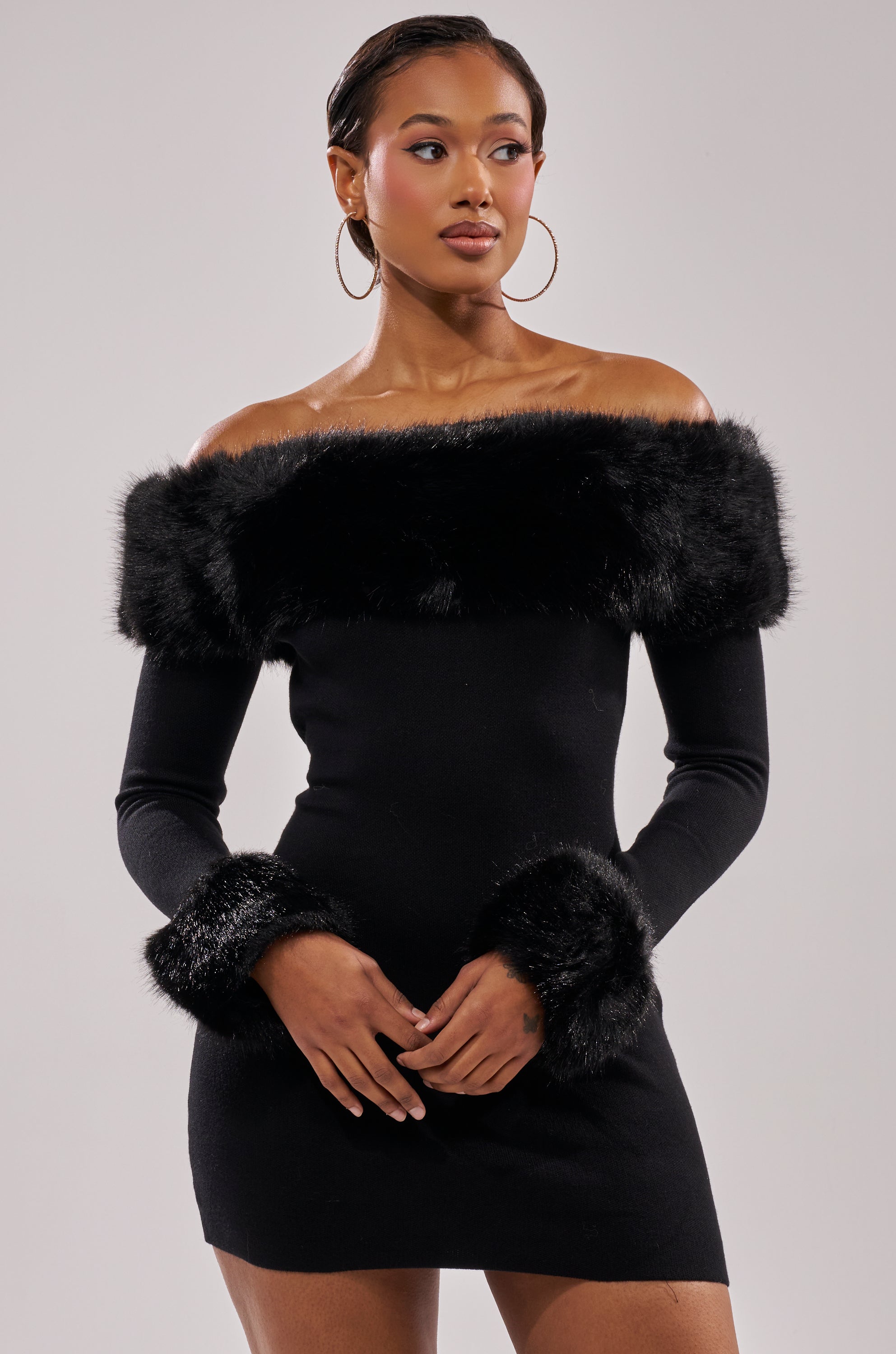 COMFY COZY FUR TRIM MINI DRESS IN BLACK – AKIRA