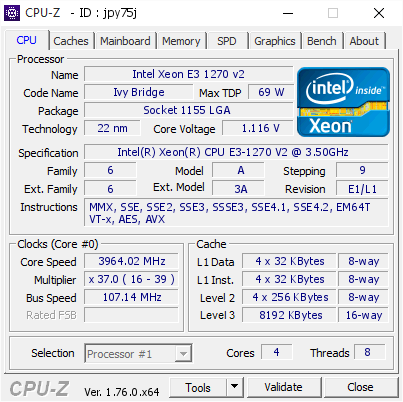 Intel Xeon E3 1270 v2 @ 3964.02 MHz - CPU-Z VALIDATOR