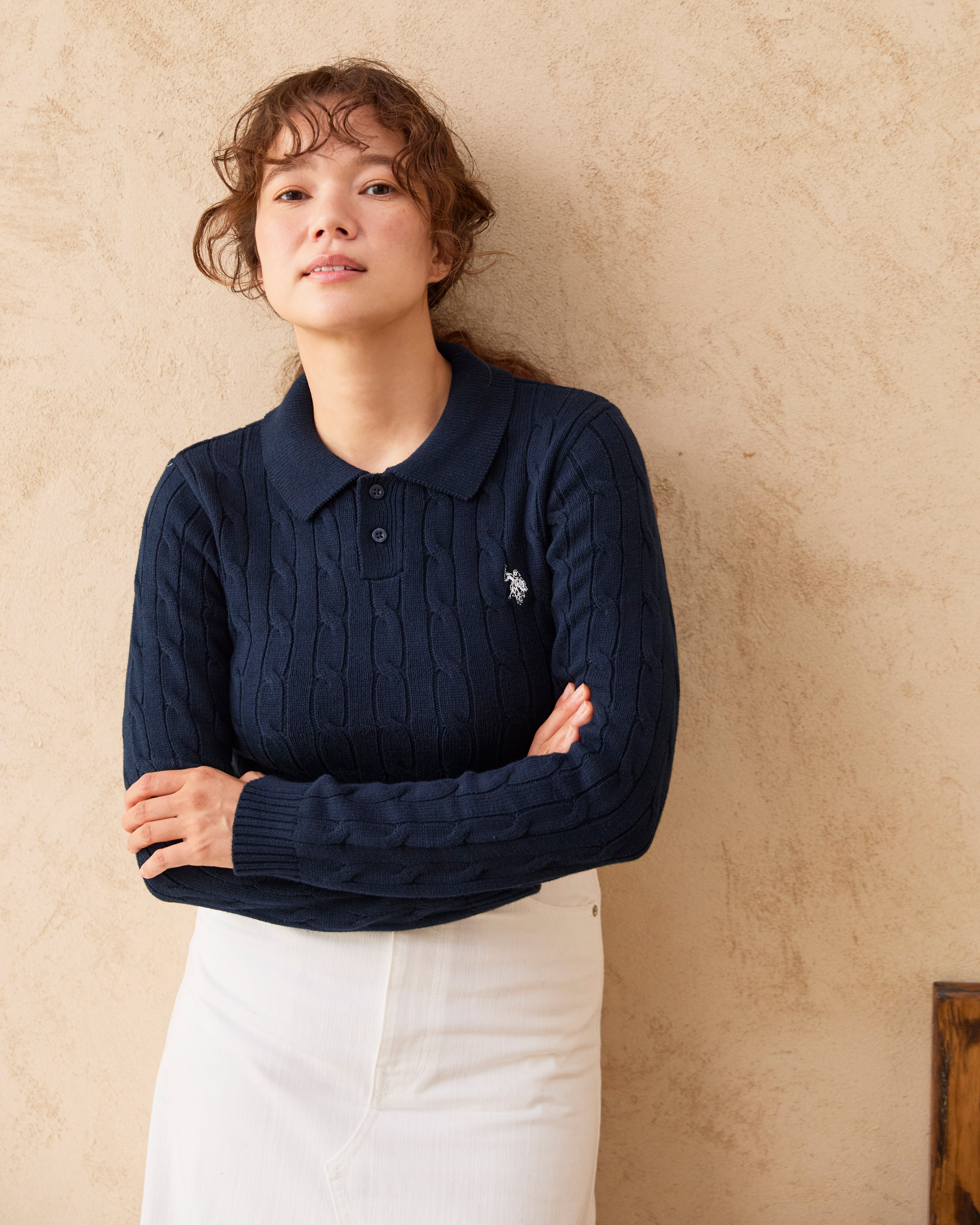 cable polo knit ケーブルポロニット ダブルホースマン刺繍 PLL53470