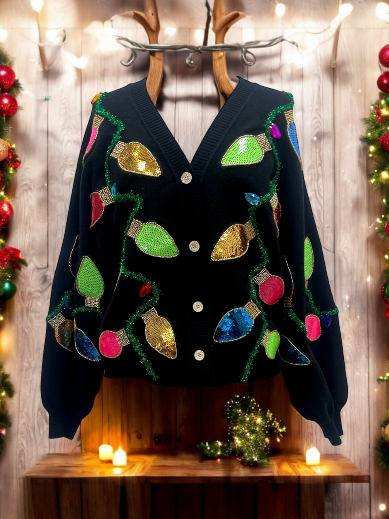 Black Multi Christmas Light Cardigan With Tinsel & Jewels