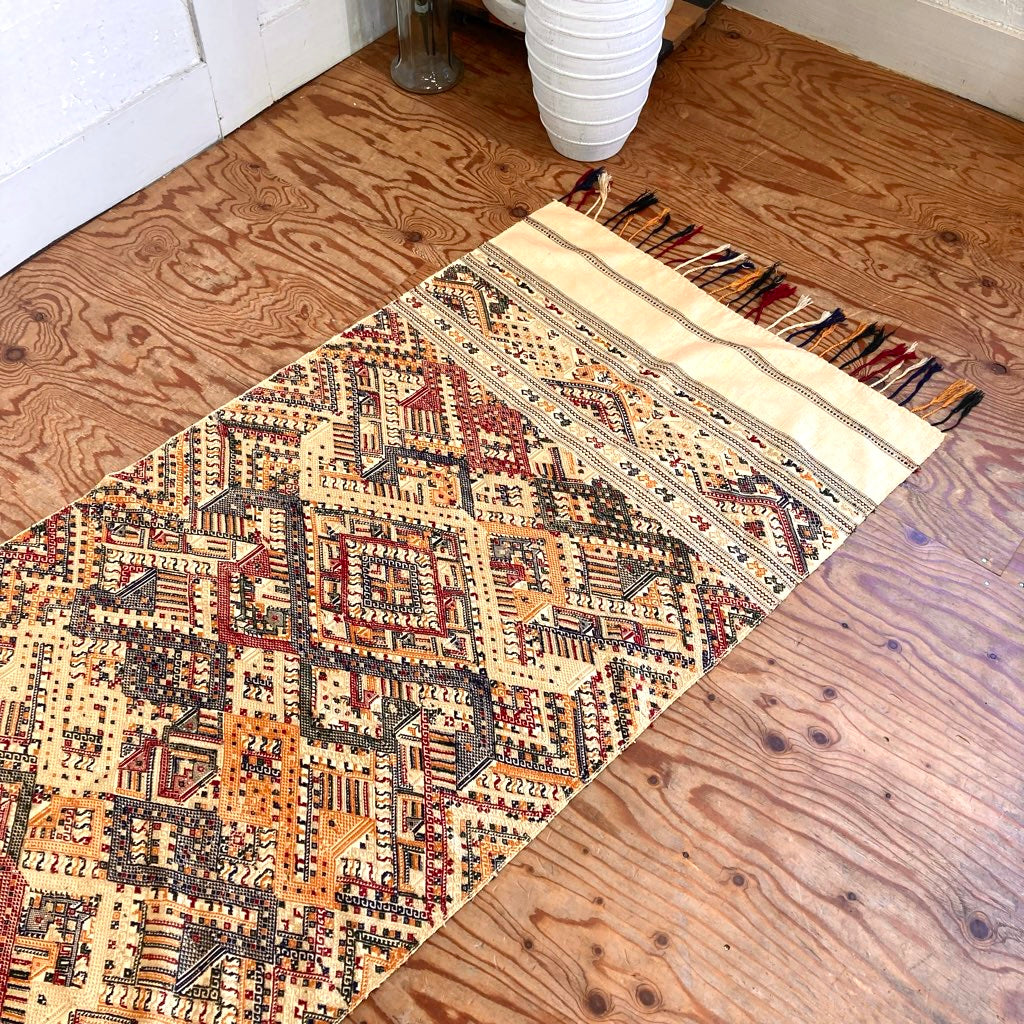 染織 ラオス 布 手織り ラグ 茶系 ヴィンテージ 中古 テキスタイル