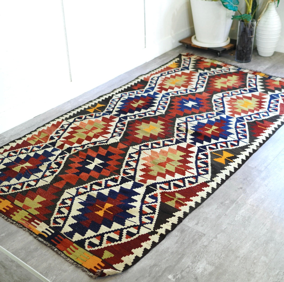 オールドキリム キリムラグ トルコ絨毯 手織り ヴィンテージ ひし形