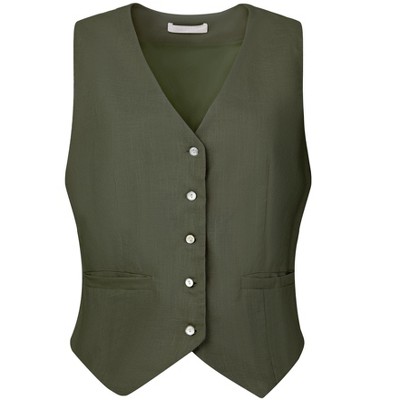 INSPIRE CHIC Women's Linen Sleeveless Button Down V Neck Waistcoat