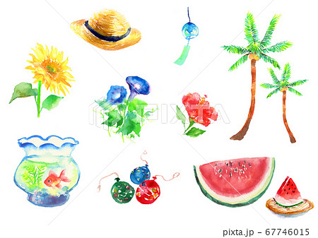 水彩で描いた夏のイラストのセットのイラスト素材 [67746015] - PIXTA