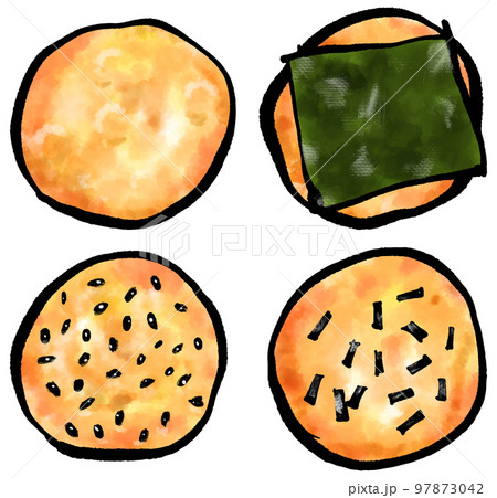 いろいろな「煎餅（せんべい）」の手書きイラスト（筆書き墨絵風）の