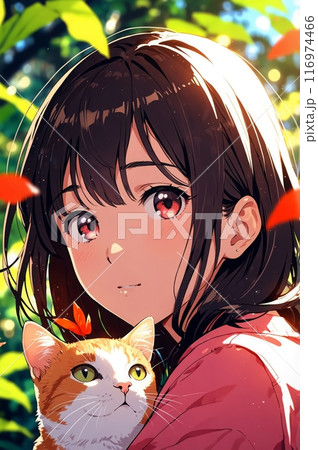 猫と女の子のアニメ風イラスト,Generative AI AI画像のイラスト素材