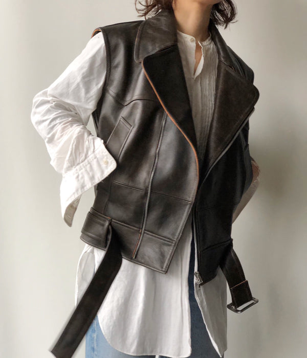 FUMIKA_UCHIDA/LEATHER SLEEVELESS DOUBLE RIDERS JACKET(BLACK)