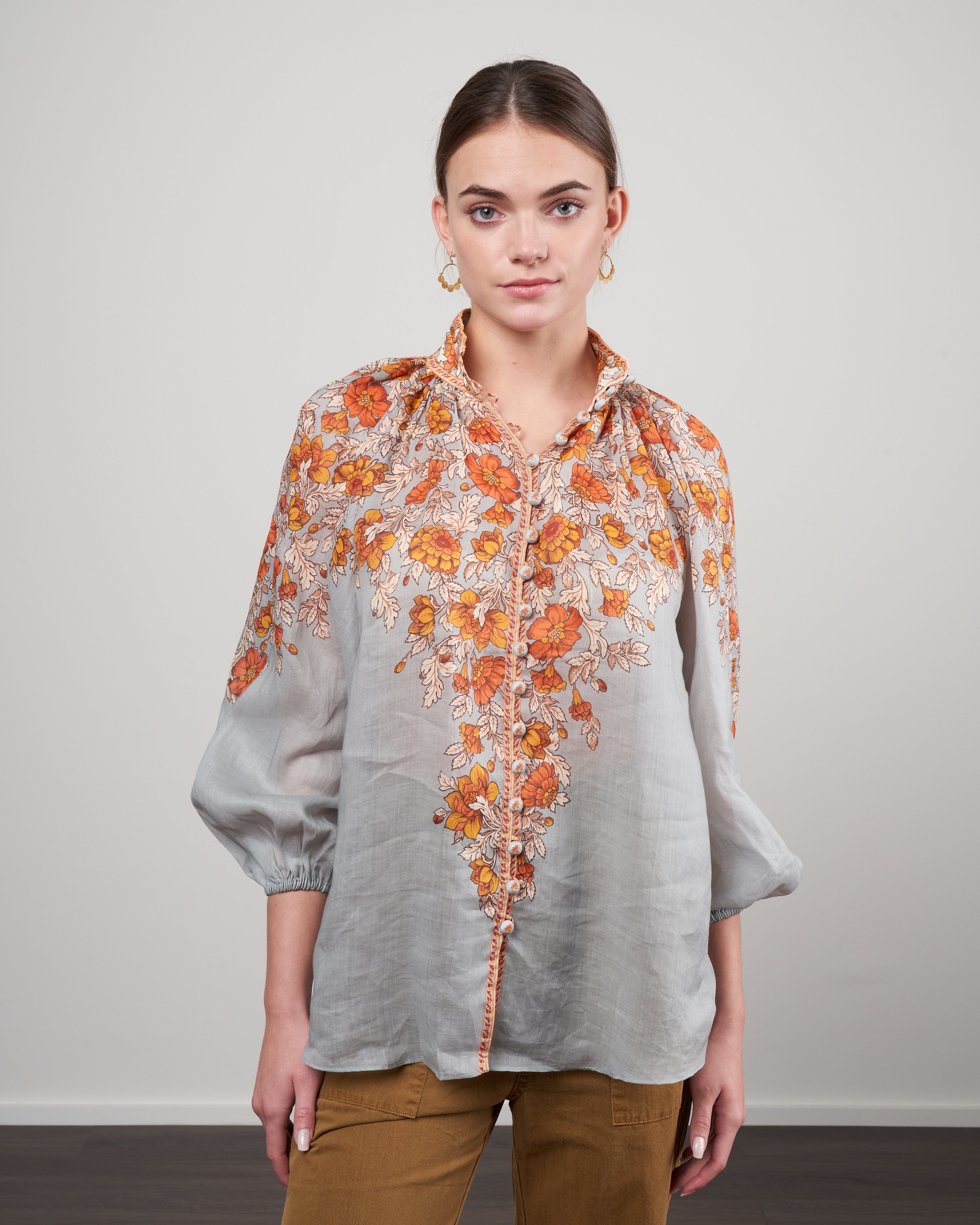 Zimmermann Andie Billow Blouse Dusty Blue Floral Dblf