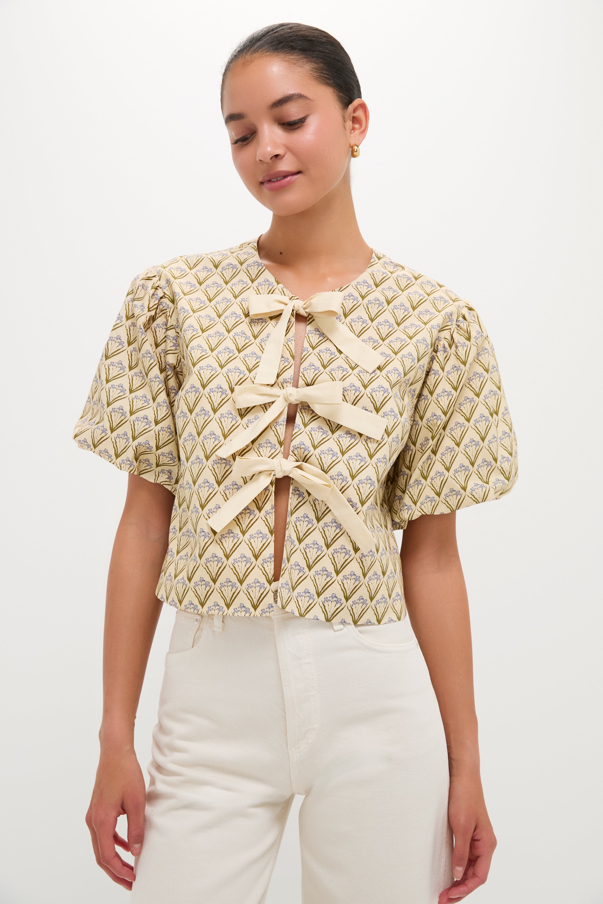 Beige Trellis Floral Tie Crossvine Blouse | Hyacinth House