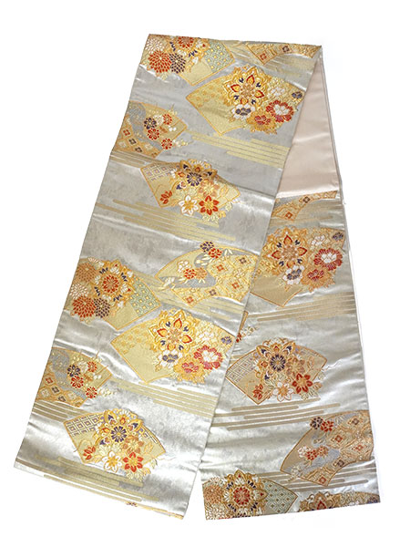 楽天市場】袋帯 正絹 西陣織 シルバー ゴールド 地紙 四季の花 牡丹 菊