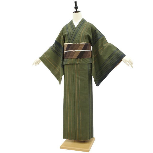 楽天市場】【中古】 紬 着物 正絹 袷 手織り 鶯色 緑 グリーン系 縞 紬