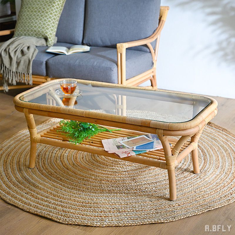 ビンテージ 古びた良き佇まいのラタン 小さなガラステーブル 藤家具 藤