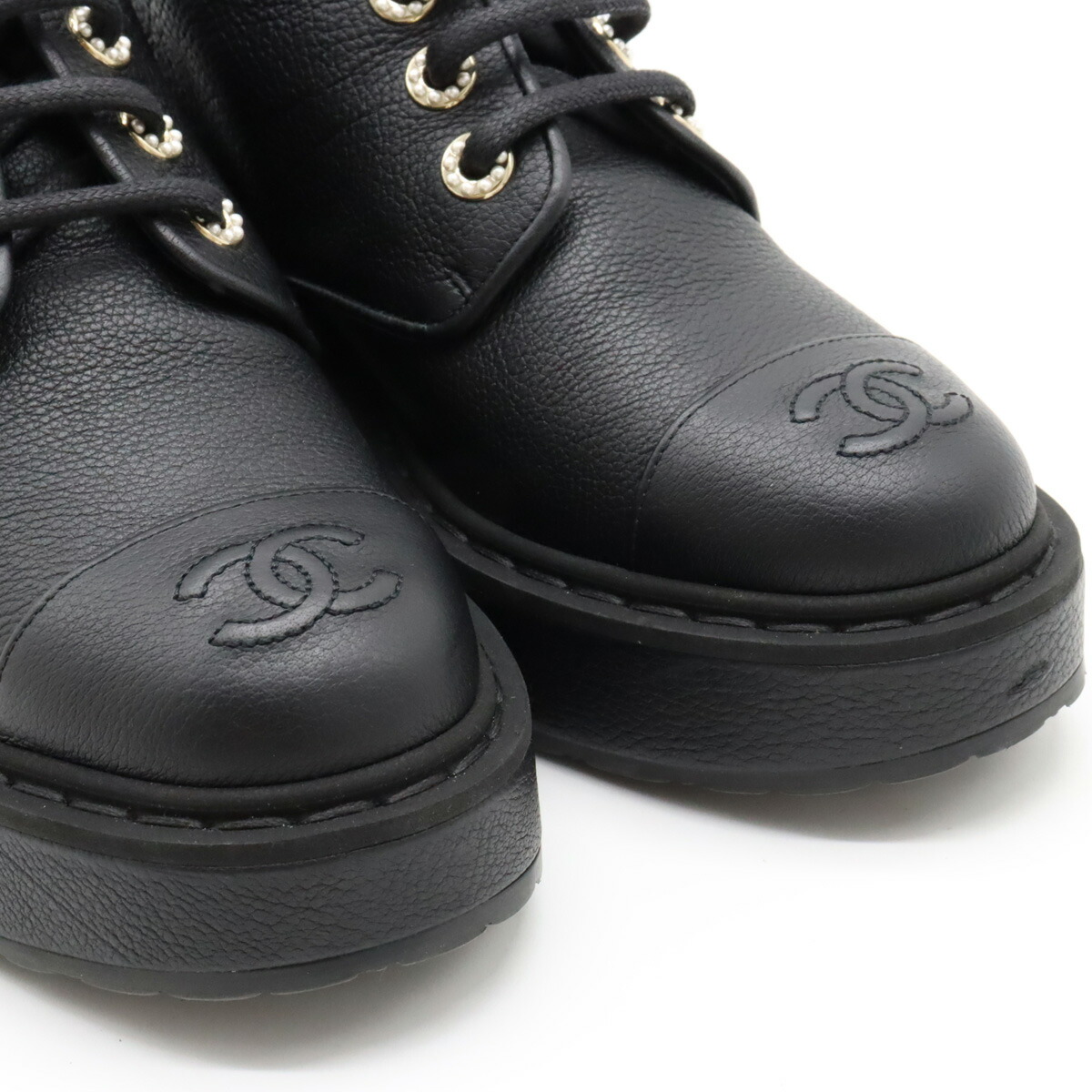 シャネルショートブーツ編み上げレザーパールブラック 楽天市場