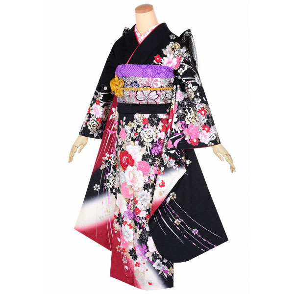 楽天市場】【成人式 振袖 レンタル】RS1630 正絹 赤黒 煌き花蝶（絹