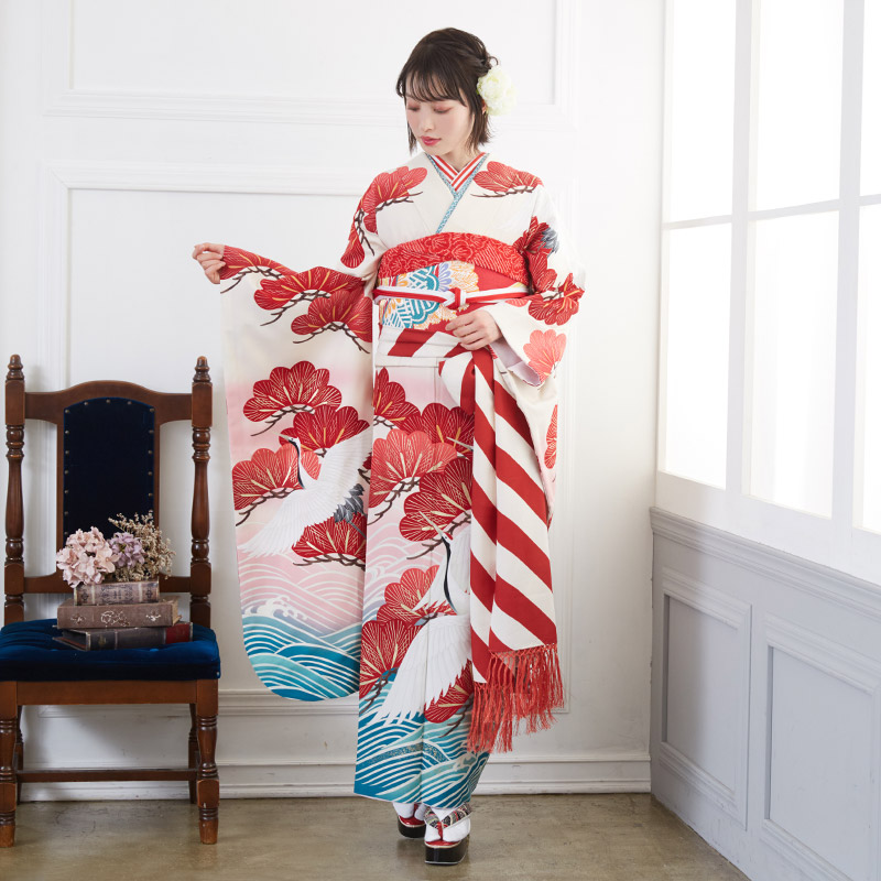 古典柄 鶴 波文様 振袖4点セット‼️お振袖セット‼️TM NO129 フル