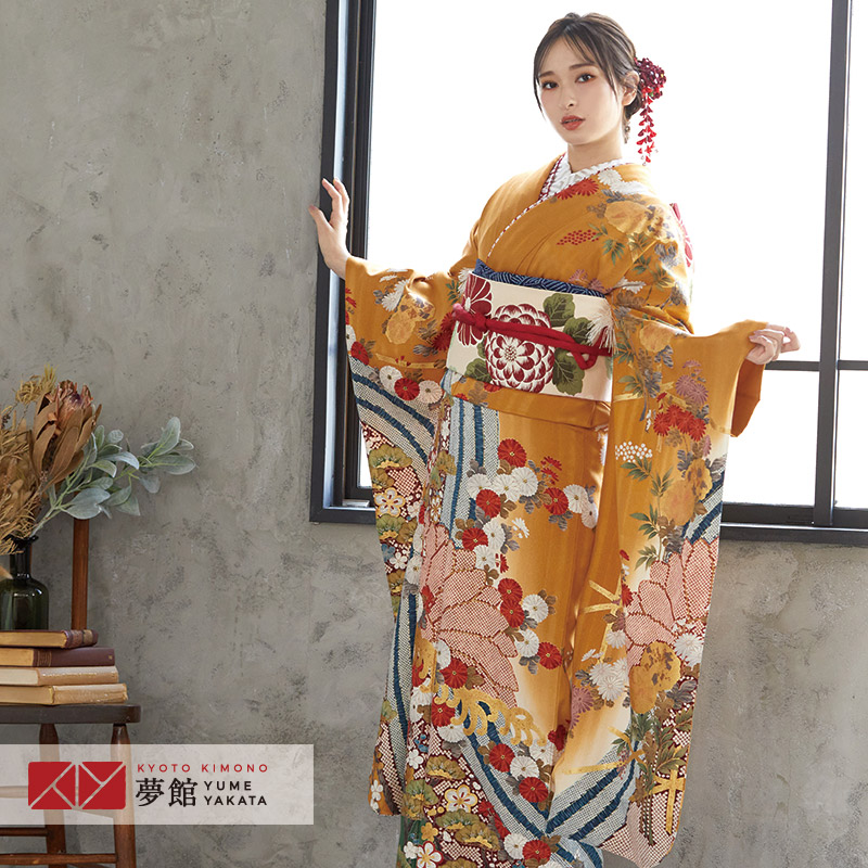 楽天市場】【振袖 レンタル】 結婚式 結納R792 正絹 金茶 金彩波に菊花