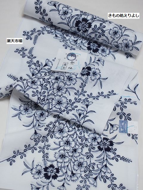 楽天市場】竺仙鑑製浴衣地 注染染め綿絽 撫子と萩 白地に紺【ちくせん