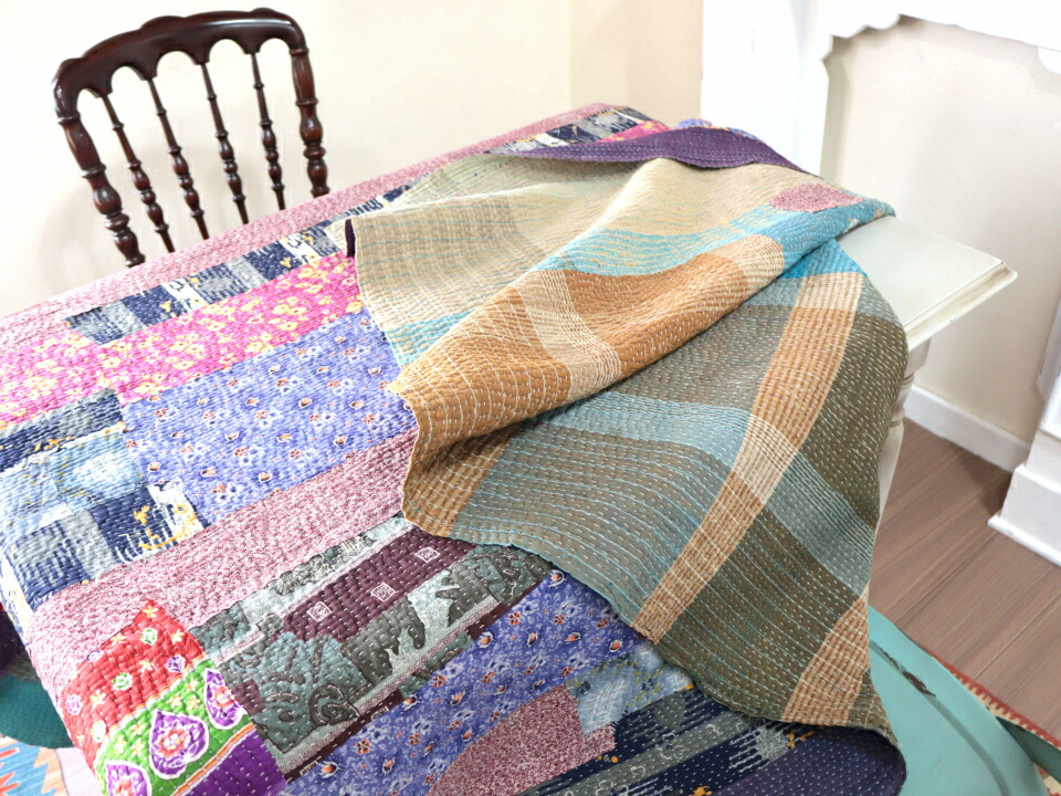 楽天市場】カンタ刺繍 ラリーキルト インドの古布210×152cmパープル系