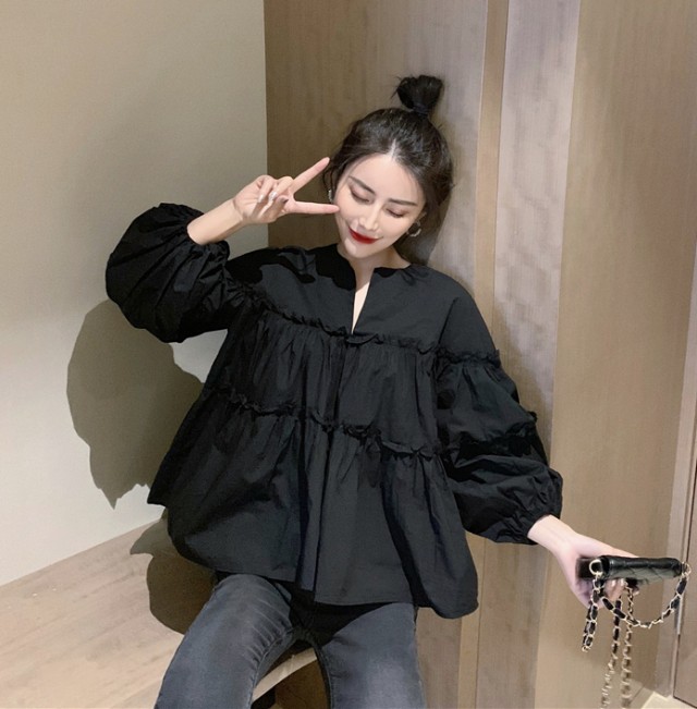 楽天市場】シャツ ブラウス レディース トップス 長袖 春 秋 黒 フレア