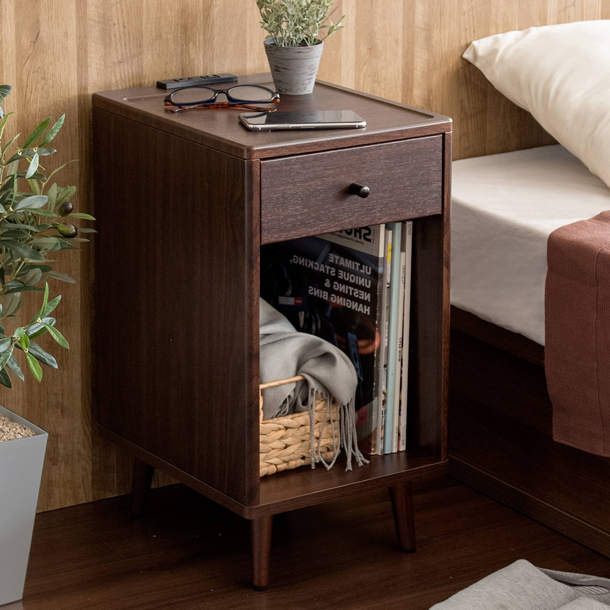 楽天市場】サイドテーブル 高さ56cm 木目調 収納ラック 引き出し