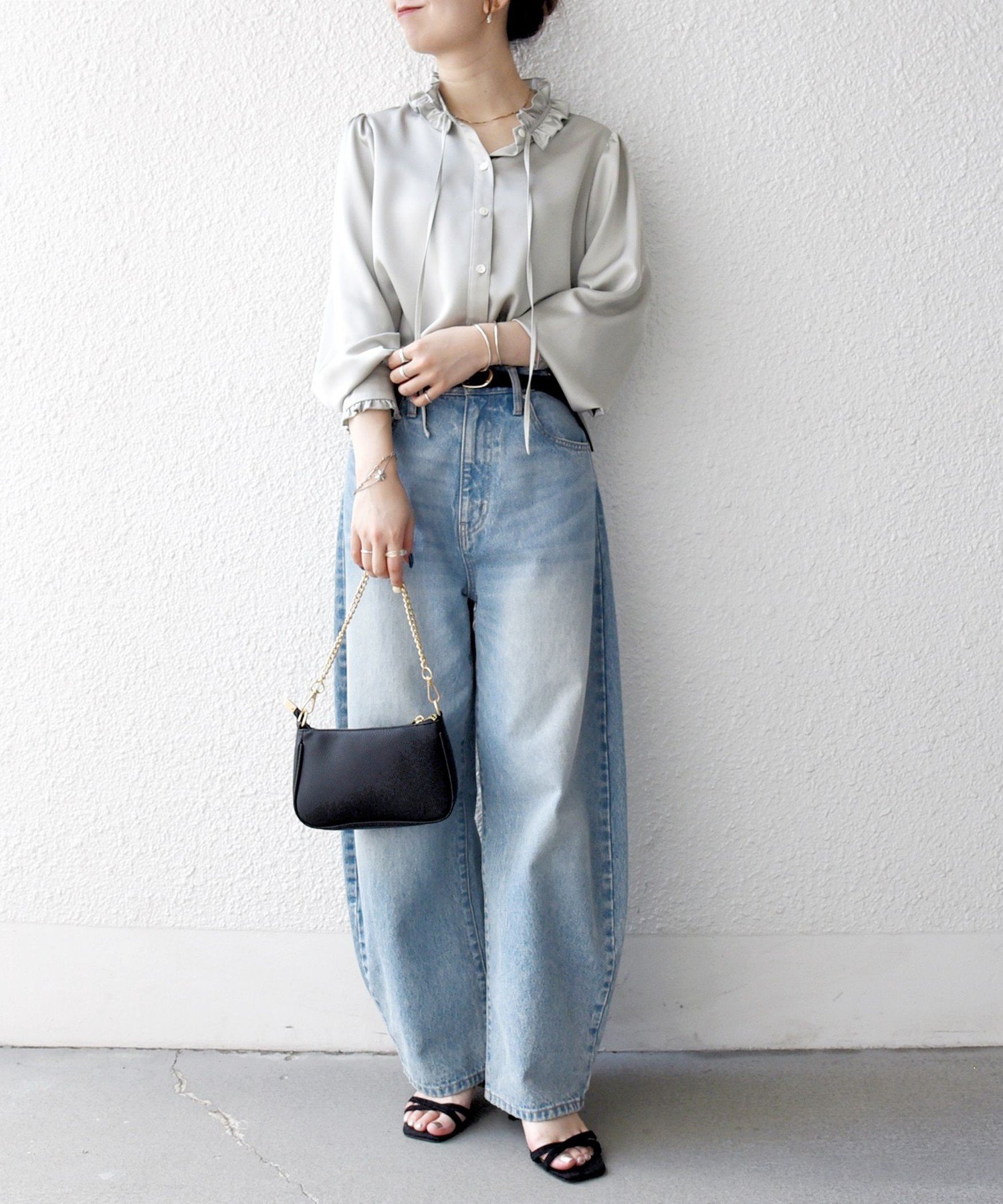 【つな】SHIPSany サテン フリル カラー リボン シャツ ブラウス SHIPS any:〈洗濯機可能〉サテン フリル カラー リボン シャツ