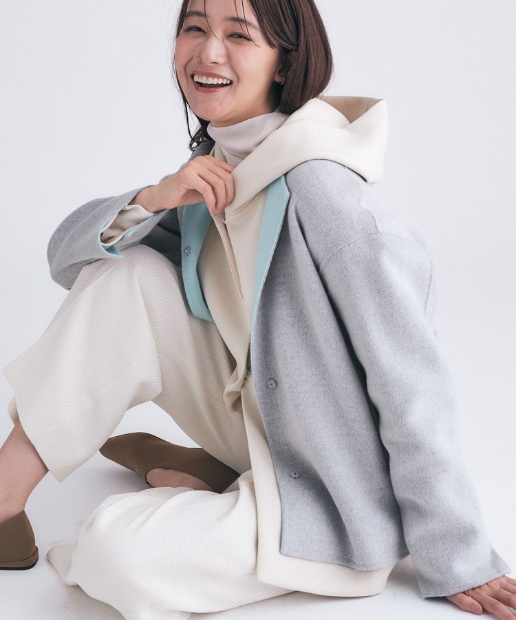 INDIVI｜【配色デザイン/ショート丈】ウールリバー ノーカラーコート