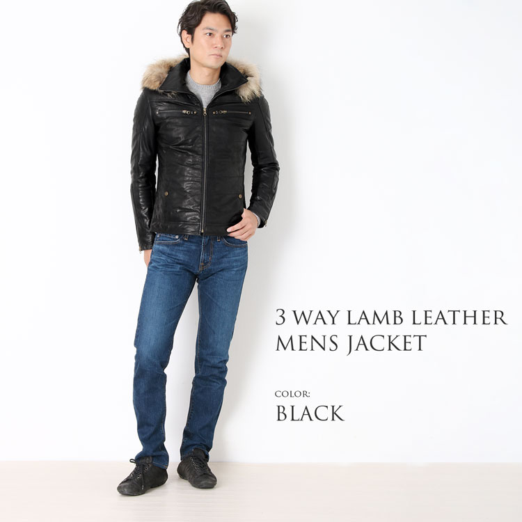 楽天市場】ラム レザージャケット フード付 ファー付き メンズ