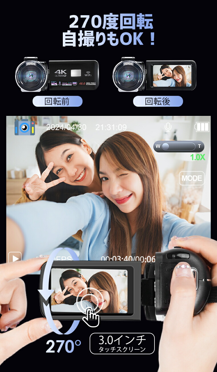 楽天市場】楽天1位【64GB SDカード無料贈呈】ビデオカメラ 8K4K 6400万