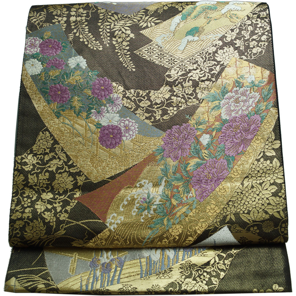 楽天市場】袋帯 じゅらく 帝王紫 短冊に春秋百花模様 黒色 金箔 金糸