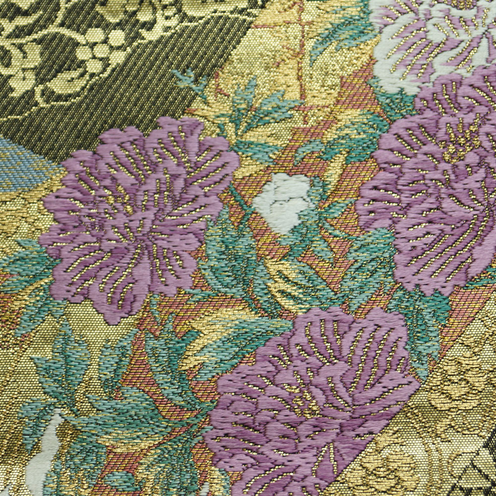 楽天市場】袋帯 じゅらく 帝王紫 短冊に春秋百花模様 黒色 金箔 金糸