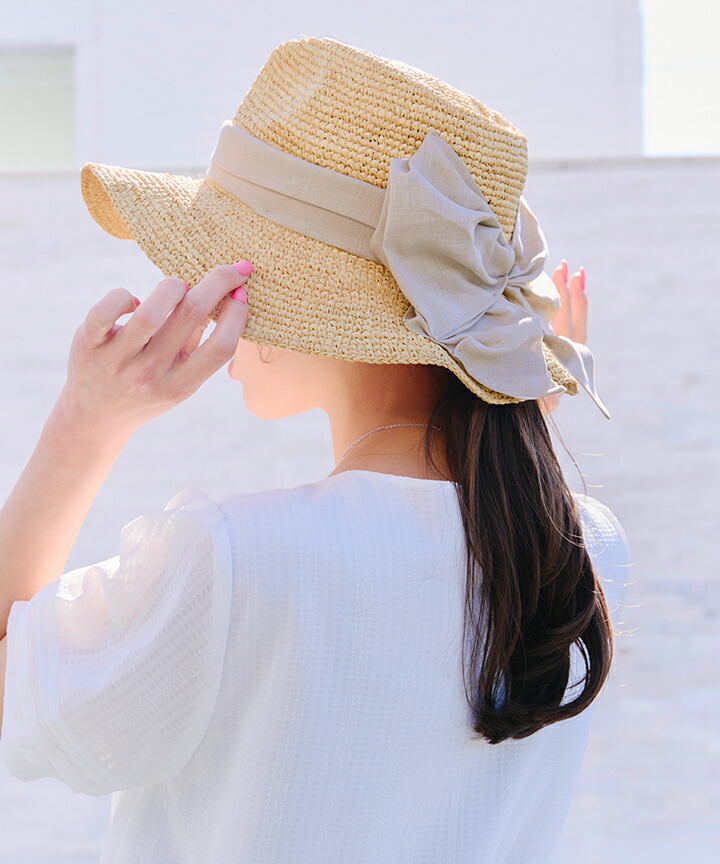 楽天市場】ツバ広リボンハット 帽子 ハット ラフィア ツバ広 天然草