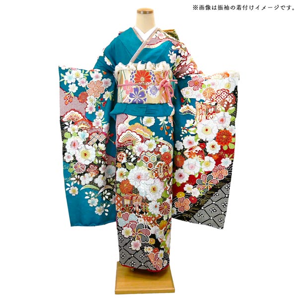 楽天市場】仕立て付き 正絹 振袖 フルセット32点 f-006 青緑