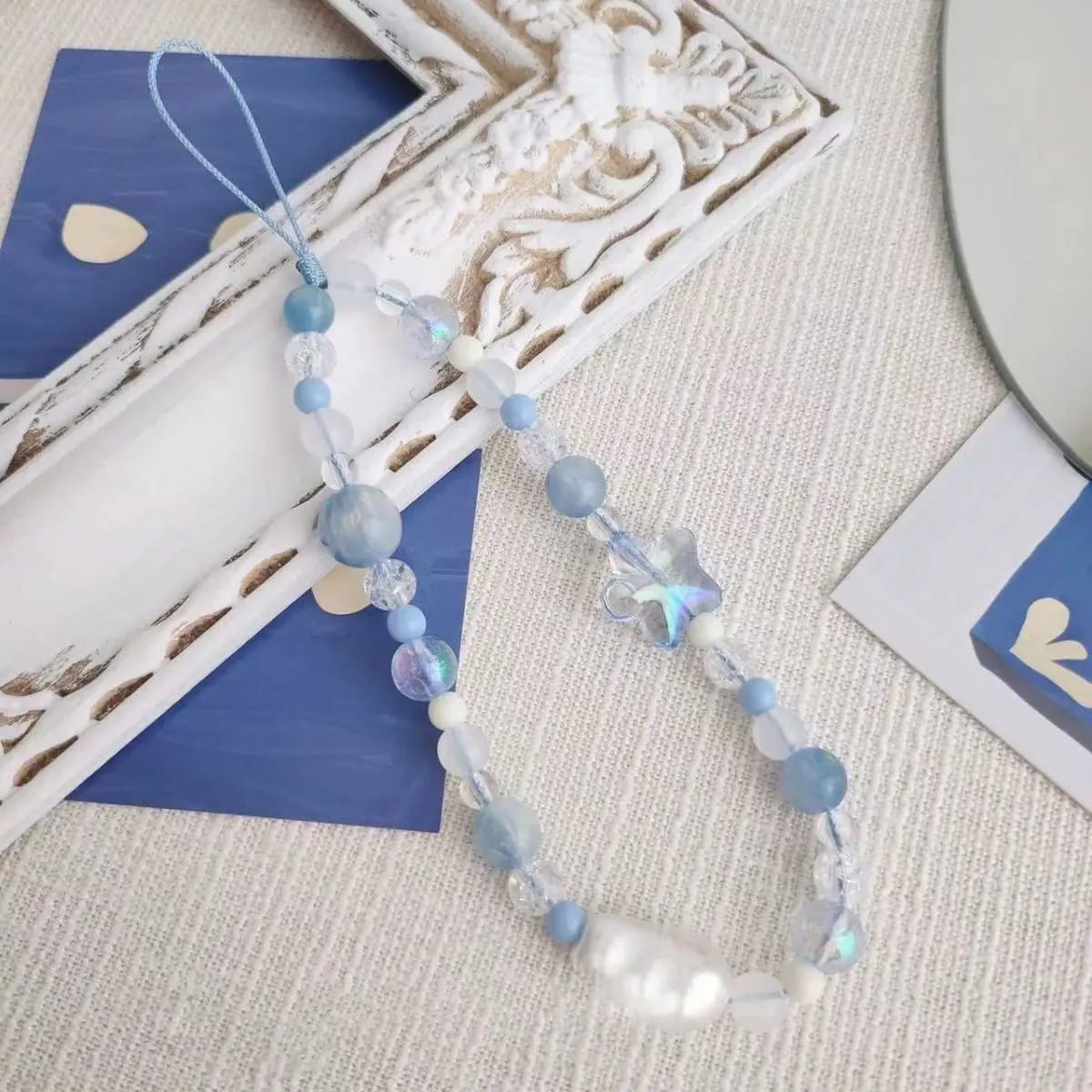 楽天市場】スマホ ストラップ ビーズ 水色 白 星 スター 韓国 キラキラ