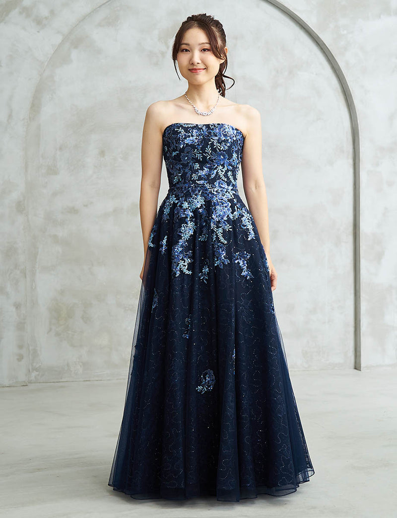 ダークネイビー ロングドレス ベアトップ スパンコールレース チュール
