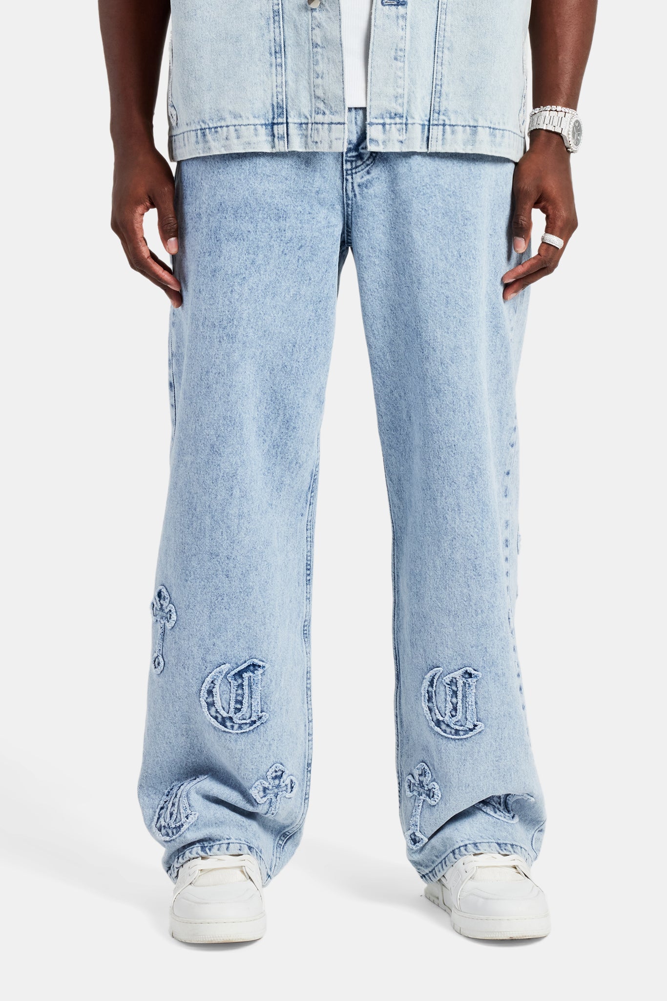 Raw Edge Applique Cross Baggy Jean - Light Blue | Mens Denim