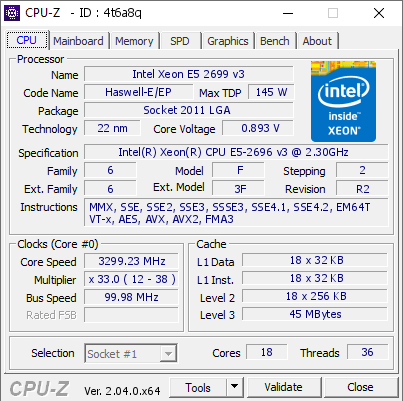 Intel Xeon E5 2699 v3 @ 3299.23 MHz - CPU-Z VALIDATOR