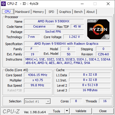 AMD Ryzen 9 5900HX @ 4366.15 MHz - CPU-Z VALIDATOR