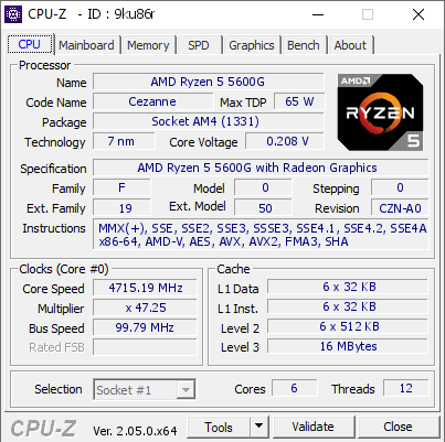 AMD Ryzen 5 5600G @ 4715.19 MHz - CPU-Z VALIDATOR
