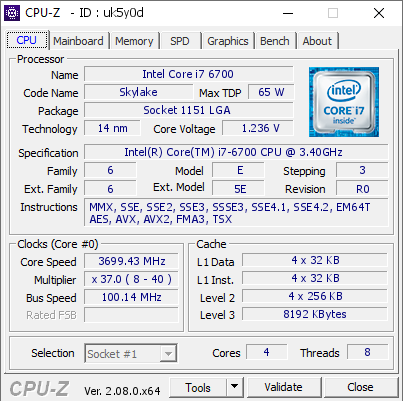Intel Core i7 6700 @ 3699.43 MHz - CPU-Z VALIDATOR