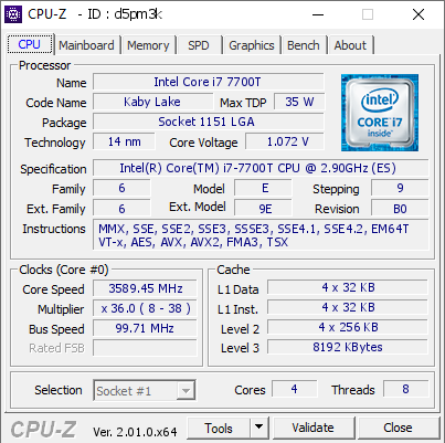 Intel Core i7 7700T @ 3589.45 MHz - CPU-Z VALIDATOR