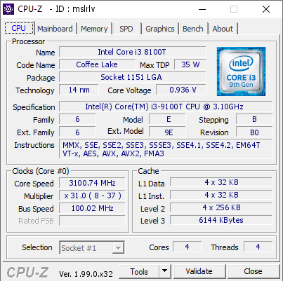 Intel Core i3 8100T @ 3100.74 MHz - CPU-Z VALIDATOR
