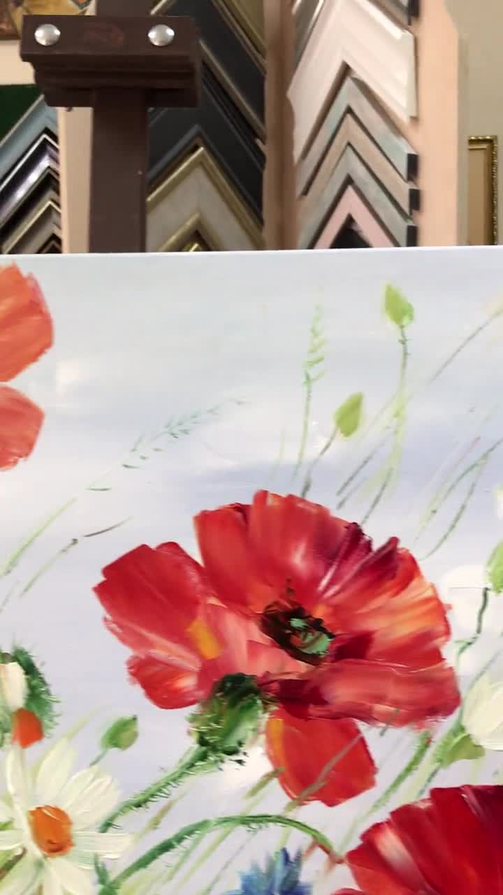 ポピーフィールドの油絵オリジナルアートワークキャンバスに描かれた